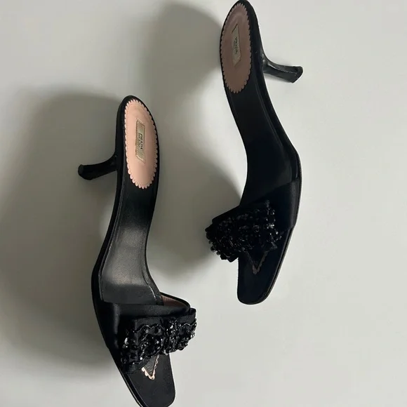 Vintage Prada Black Beaded Bow Slide Mule Kitten Heels Size EU 39.5 - Picture 10 of 11